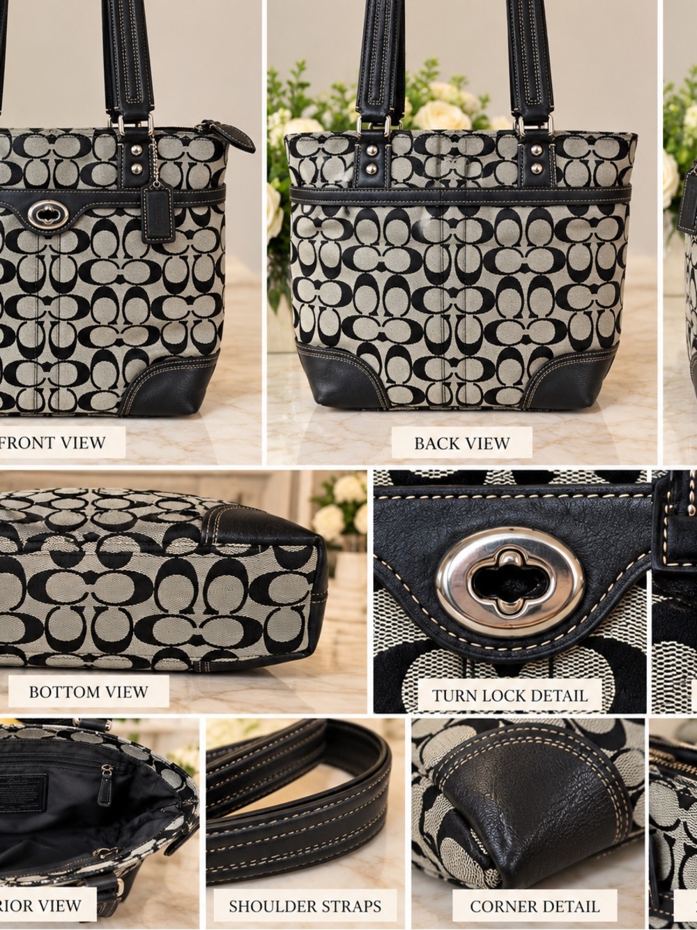 Coach F13978 Vintage Signature Tote Black Gray Turnlock BAG Y2K